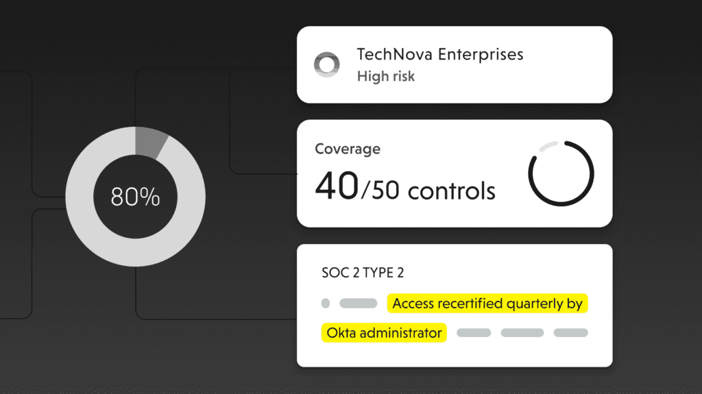VISO TRUST platform surfacing evidence-based vendor risk findings from SOC 2 Type 2 reports, showing control coverage and specific audit findings rather than relying on assumptions